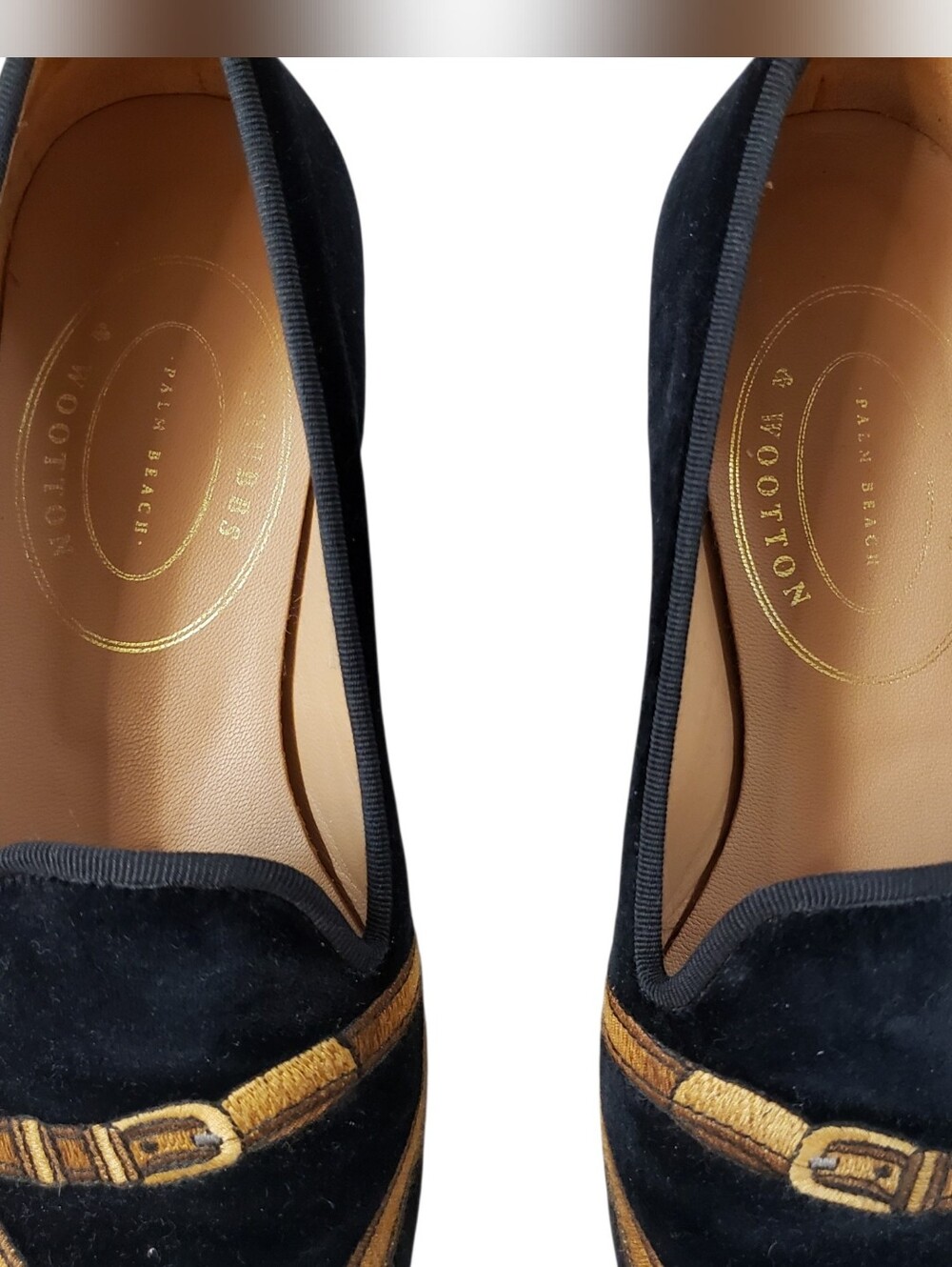 Stubbs & Wotton Black Velvet Embroidered Loafers with Gold Trim - Women Size 7.5 - Picture 4 of 8